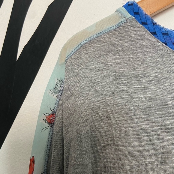 NWT Anthropologie Tiny grey and blue floral mixed media balloon sleeved top - Picture 10 of 15